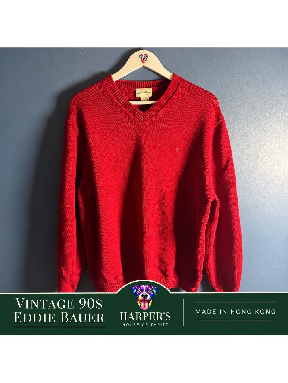 Vintage 90s Eddie Bauer Red Cotton V-Neck Sweater Made in Hong Kong XL